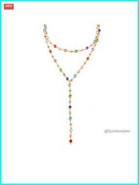 Rhinestone Beaded Chain Necklace Gold Plated Layered Y Necklace Women